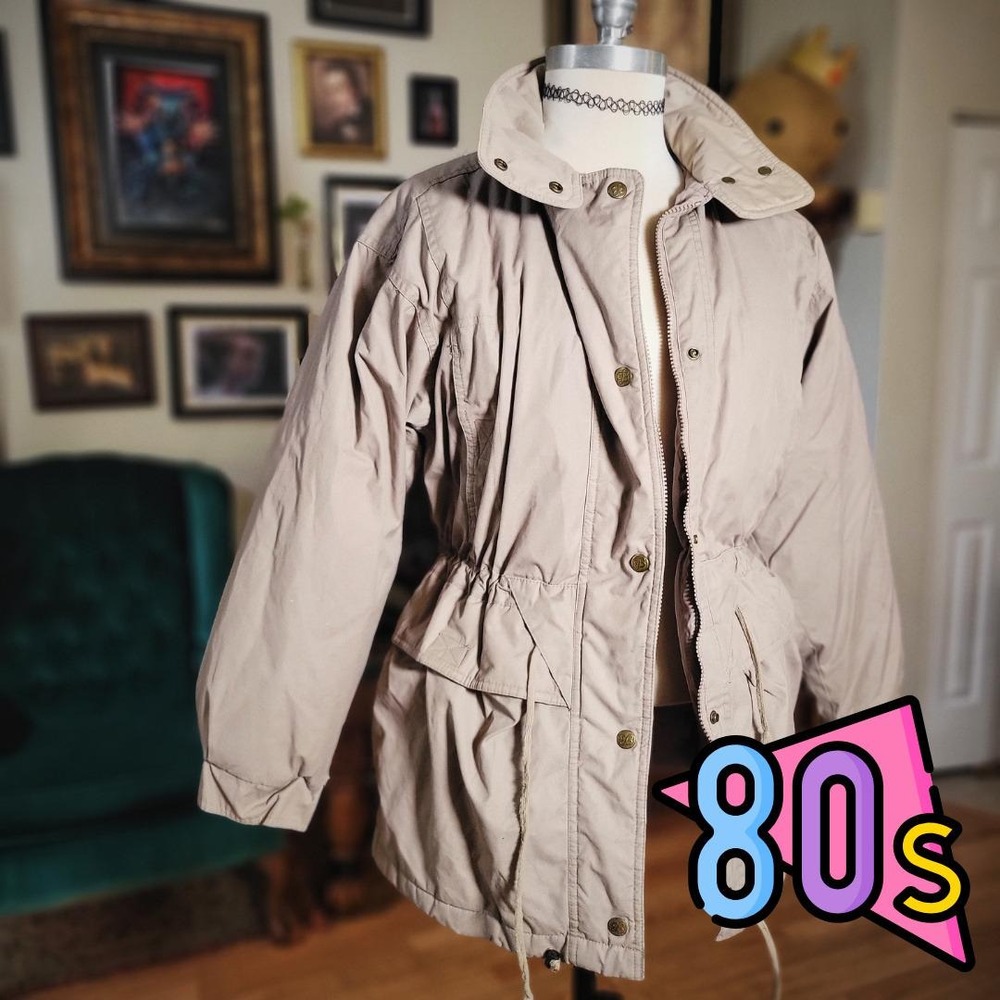 Eddie Bauer Jacket Goose Down Vintage 80s Tan Cinched Waist Parka Coat Womens M